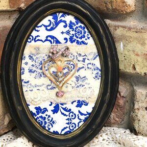 Hand-painted Mixed Media Baroque Jewelry Heart Faux Diamonds Black Frame Art